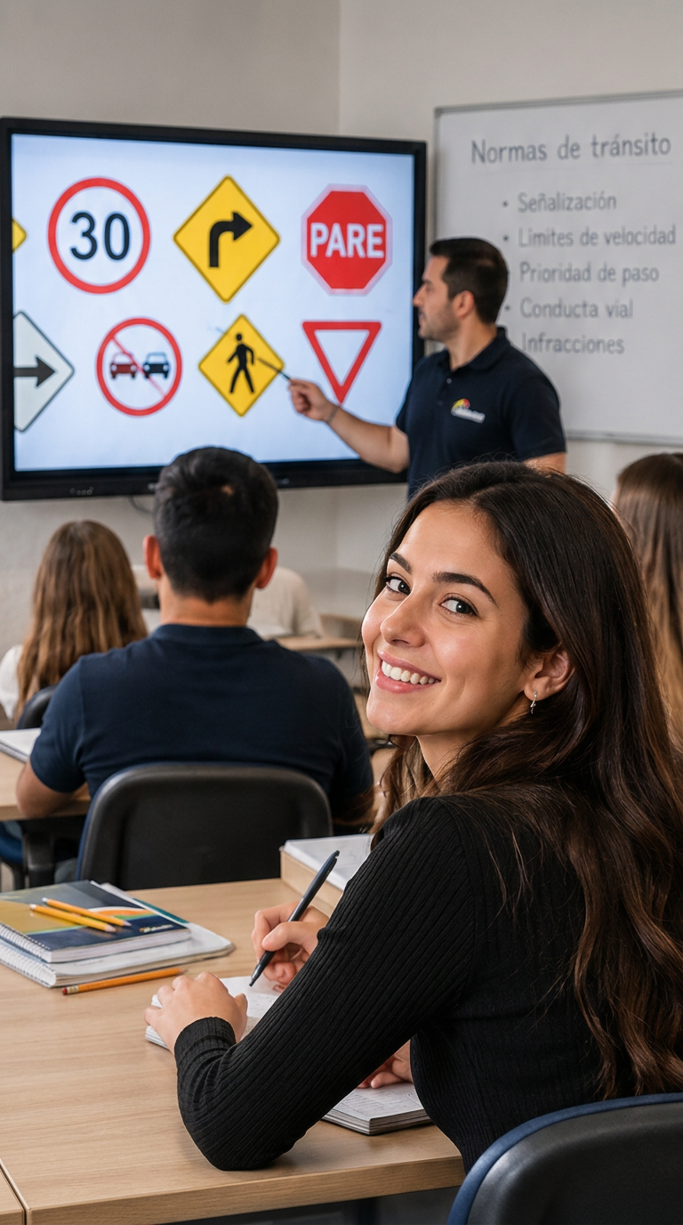 Estudiante sonriendo en un aula de formación vial con señales de tránsito al fondo